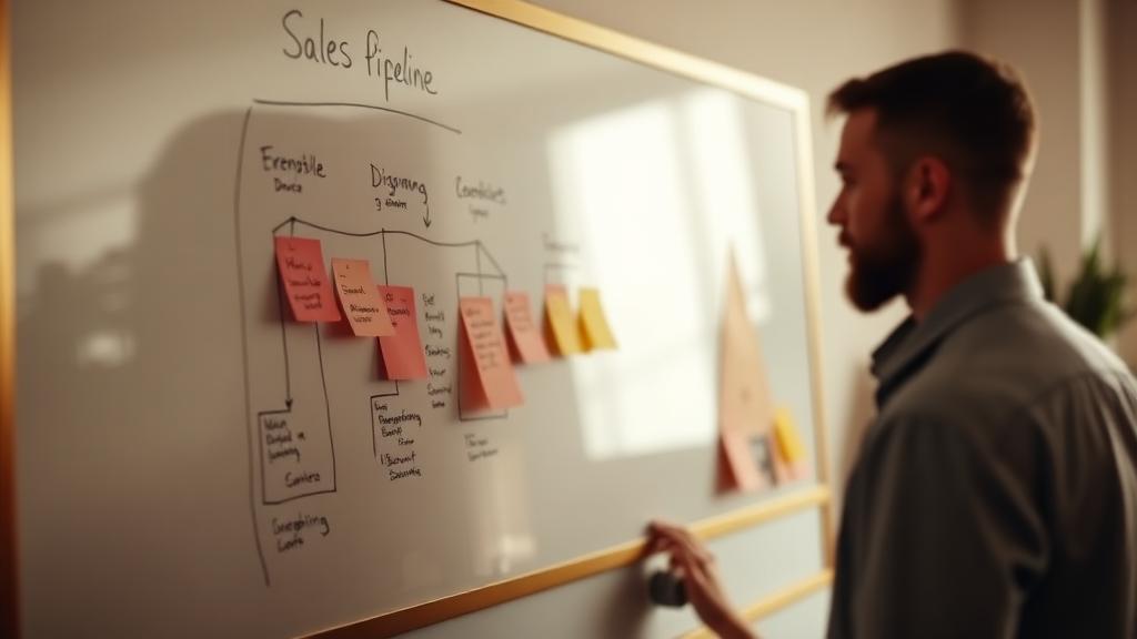 Sales pipeline whiteboard with sticky notes during a working session